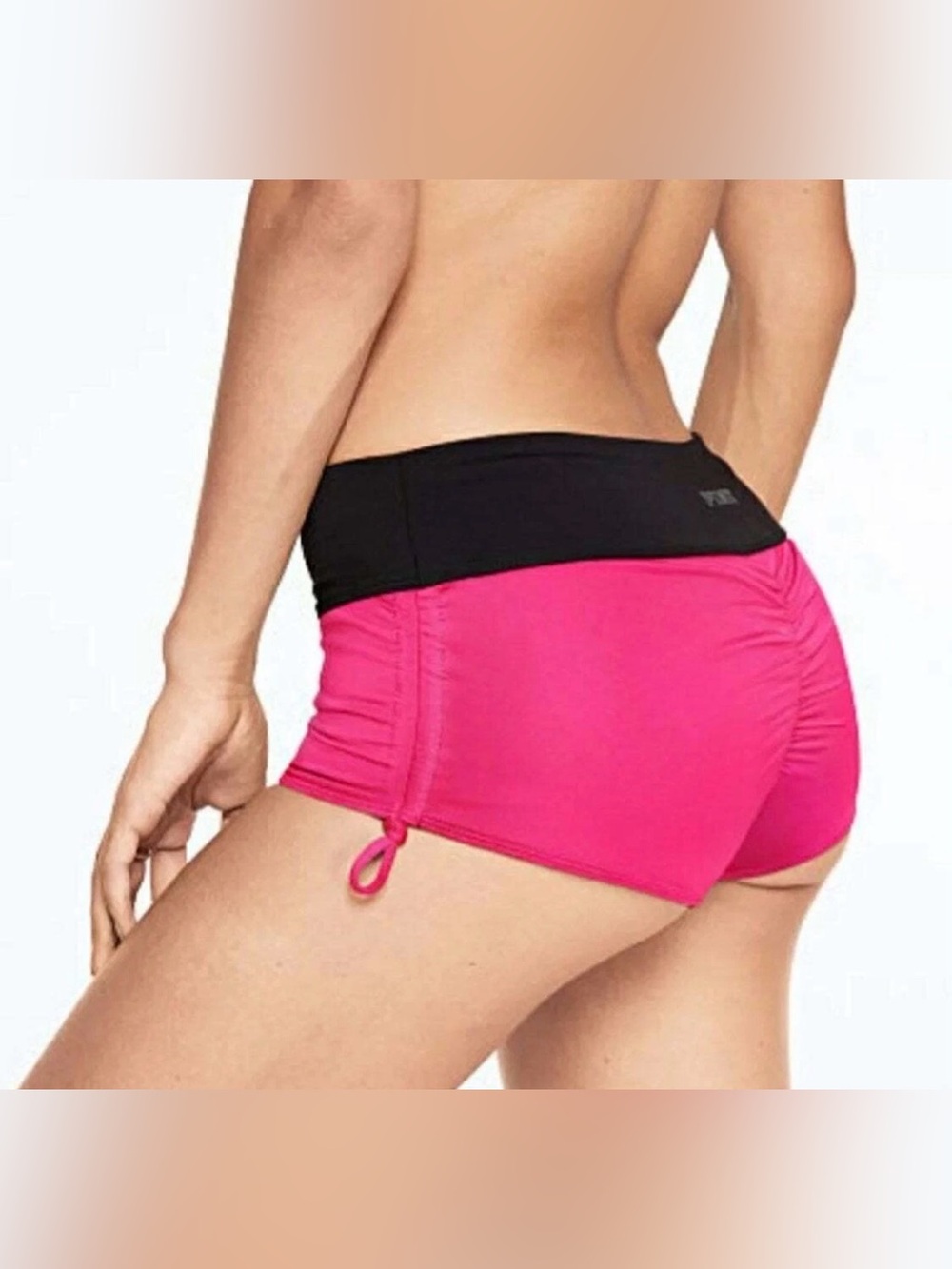 NWT VS PINK Gym to Swim Ruched Bikini Shorts Neon Pink Black - XS - NEW